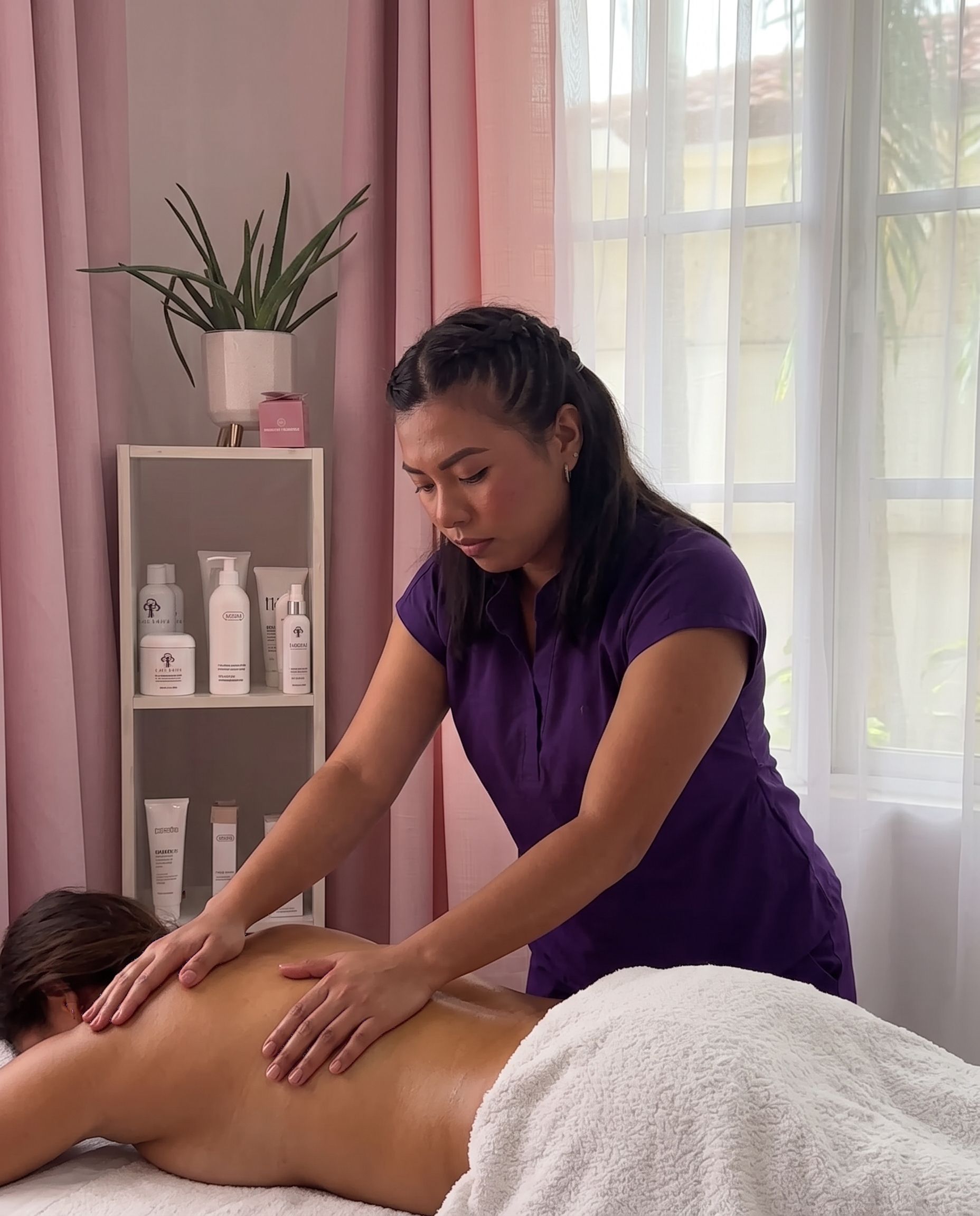 Nicole da un masaje de espalda relajante en la cabina, con luz natural y cortinas rosadas