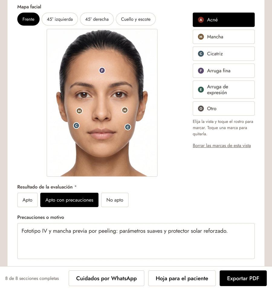La ficha en un iPad: mapa facial con hallazgos marcados y el resultado de la evaluación